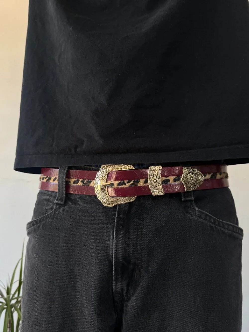 Deep Burgundy Leopard Inlay Ornate Western Belt